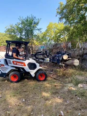 A compact loader with a grapple moves cut logs and brush during a backyard cleanup.