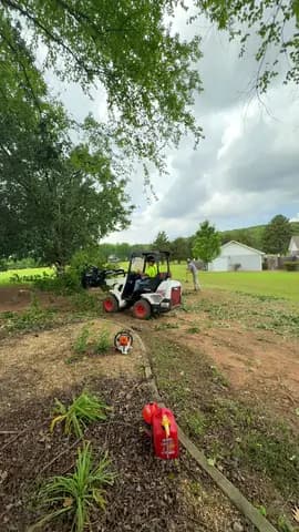 The mini loader on a clearing job, brush knocked down along the edge.