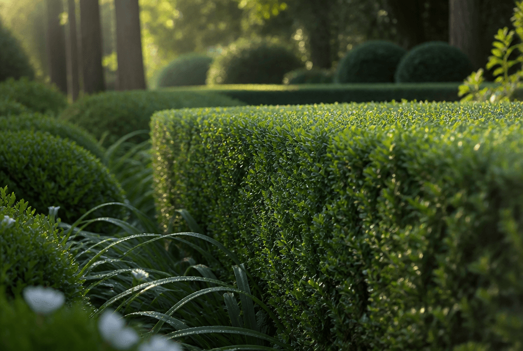 Well shaped evergreen shrubs bordering a residential lawn