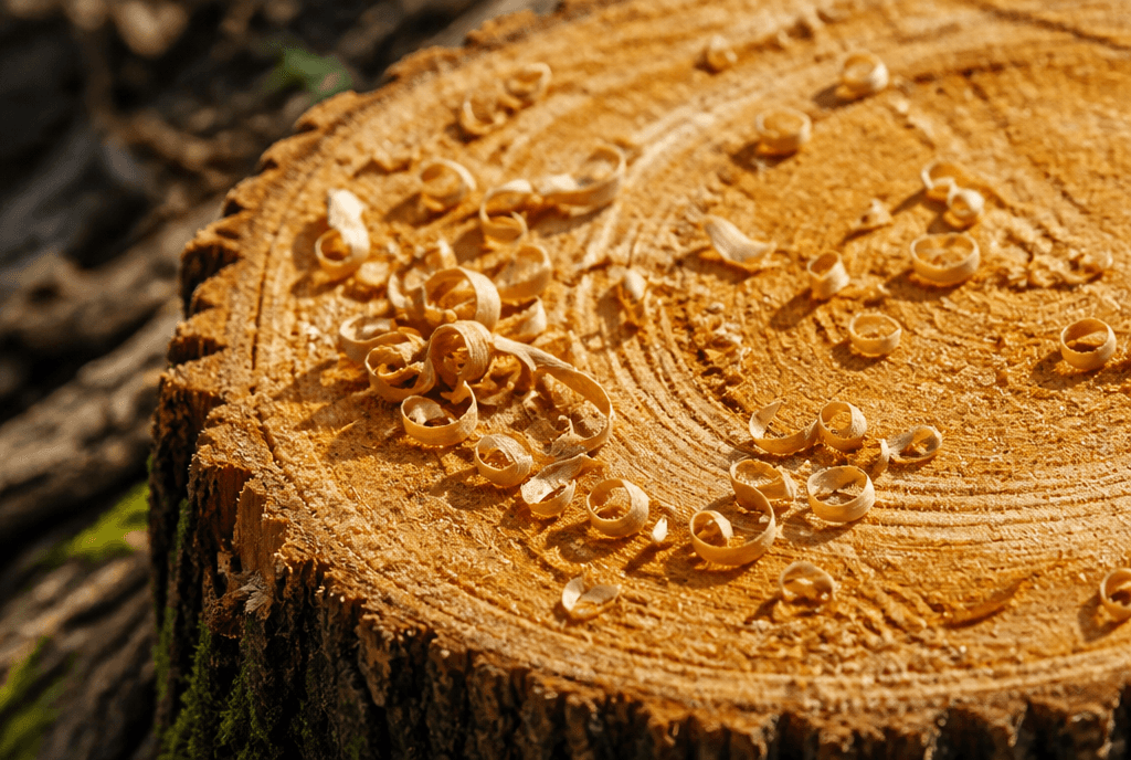 Close view of fresh wood chips on a ground tree stump