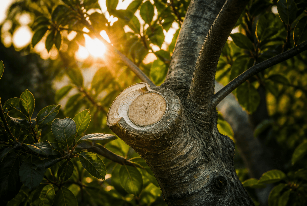 Close view of a clean pruning cut on a healthy tree limb